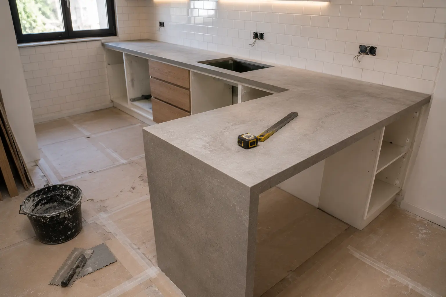 Detalle de encimera y mesón con integración en cocina reformada
